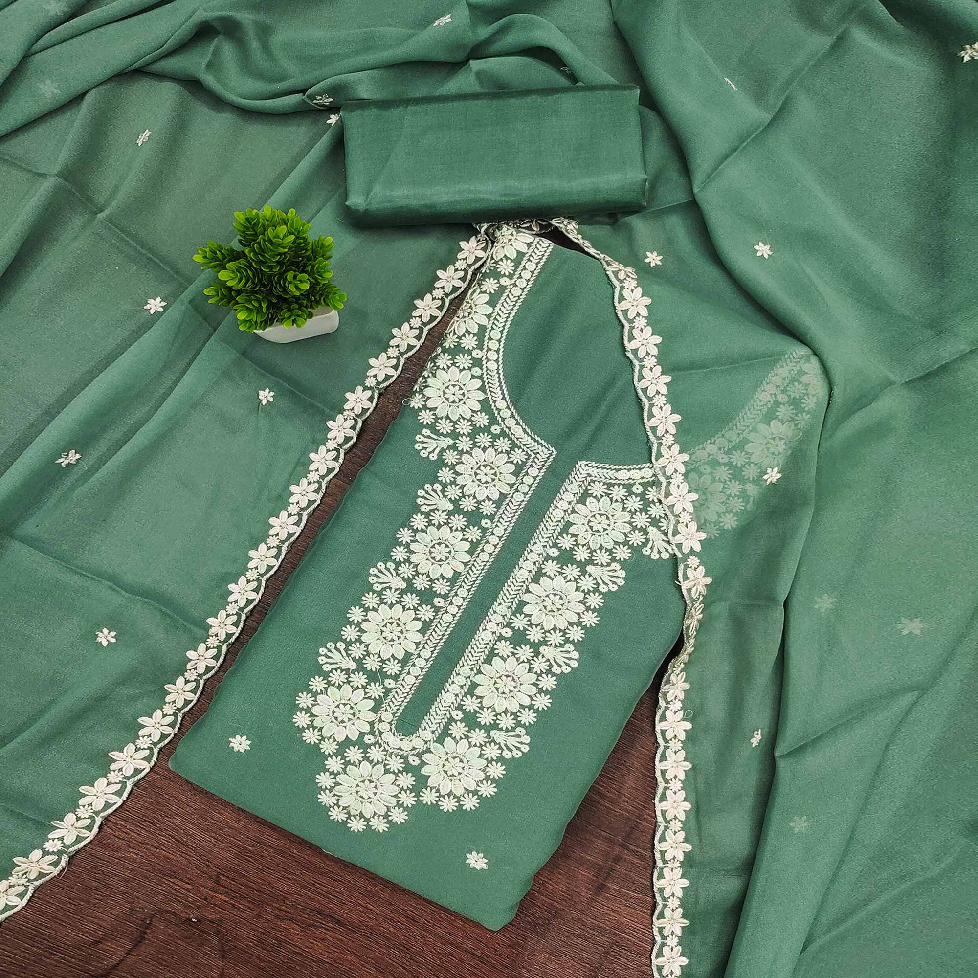 Chic Sea Green Floral Thread Embroidered Star Georgette Unstitched Suit Fabric