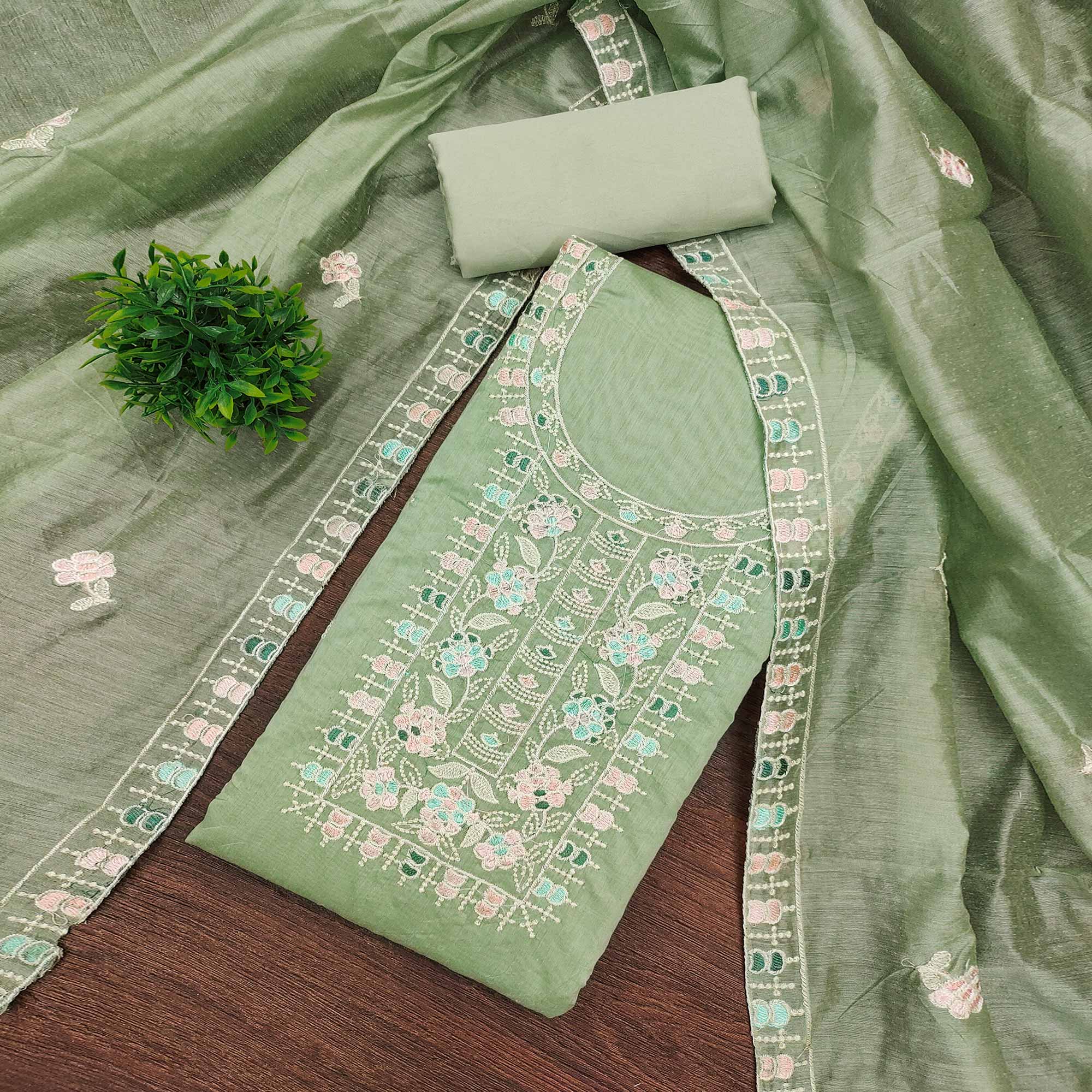 Green Unstitched Suit Material in Premium Floral Thread Embroidered Chanderi Silk