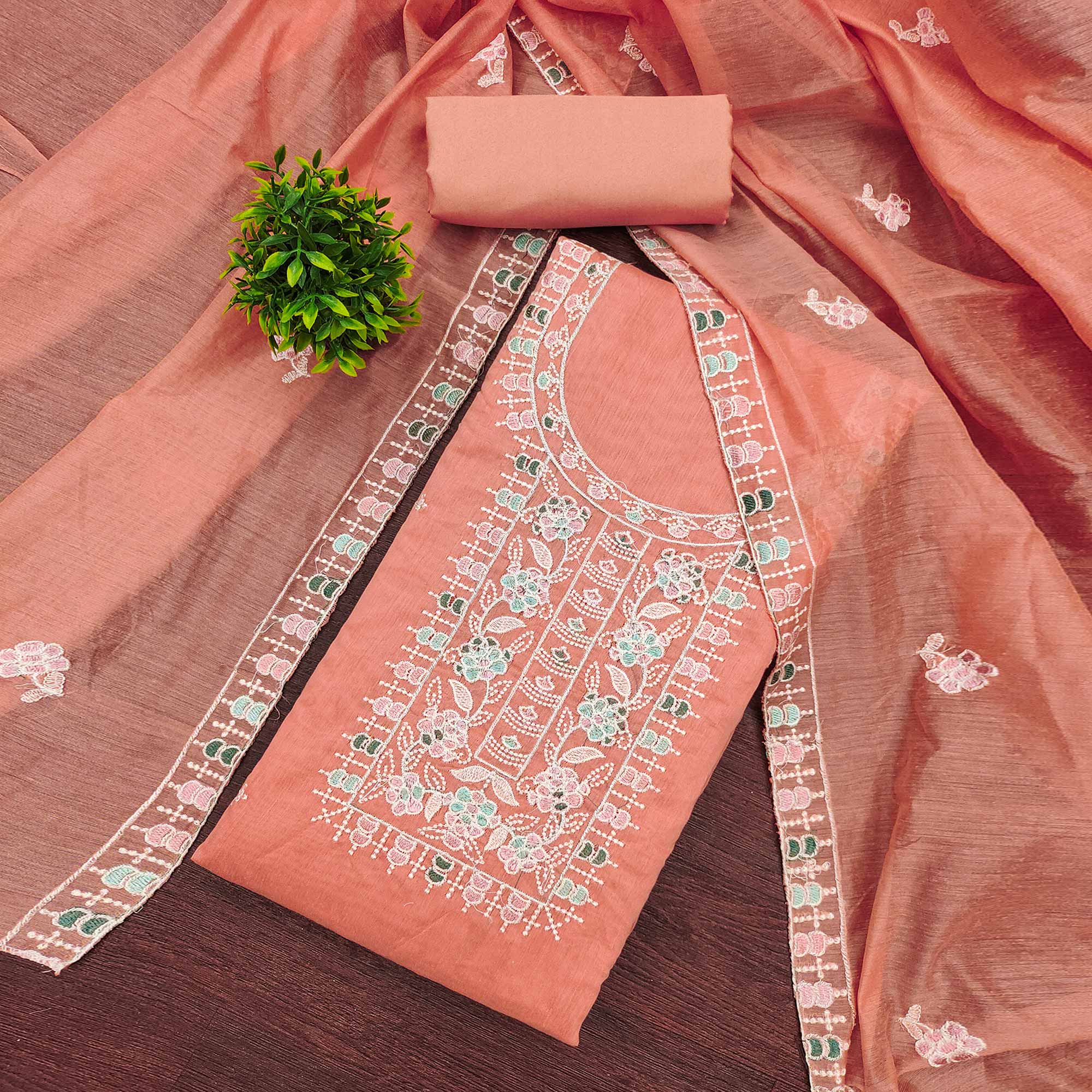 Peach Unstitched Suit Material in Premium Floral Thread Embroidered Chanderi Silk