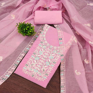 Pink Unstitched Suit Material in Premium Floral Thread Embroidered Chanderi Silk