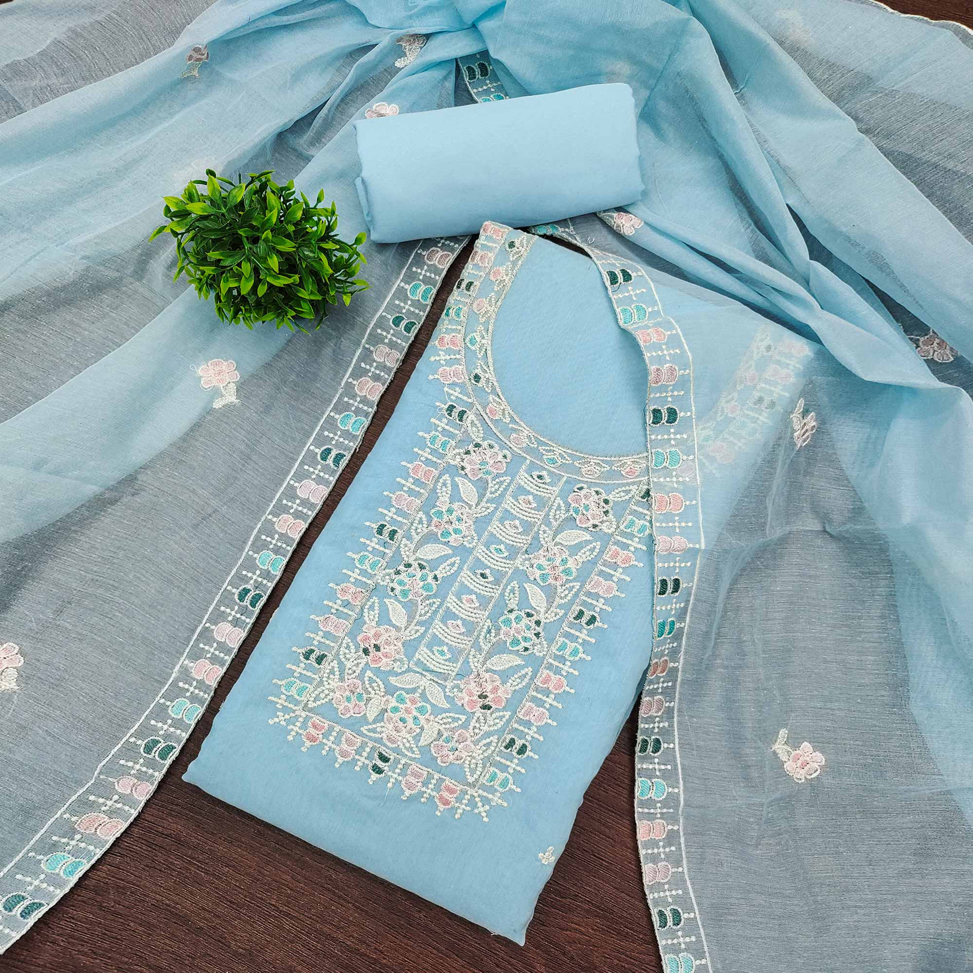 Sky Blue Unstitched Suit Material in Premium Floral Thread Embroidered Chanderi Silk
