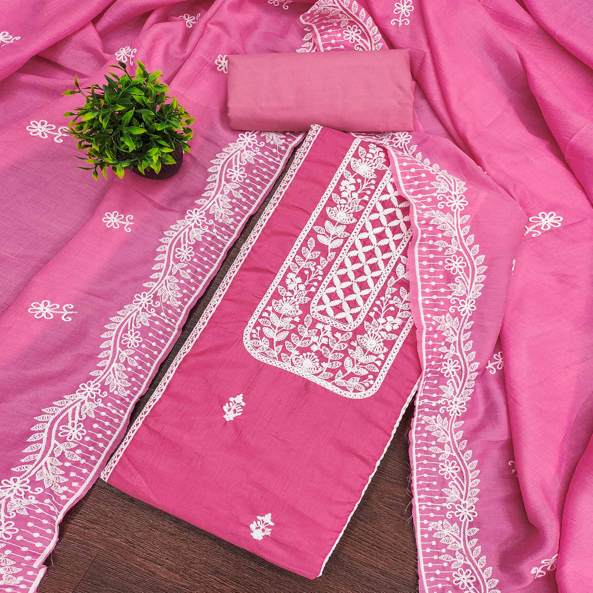Dark Pink Unstitched Suit Material in Luxurious Cotton Silk with Exquisite Floral Embroidery