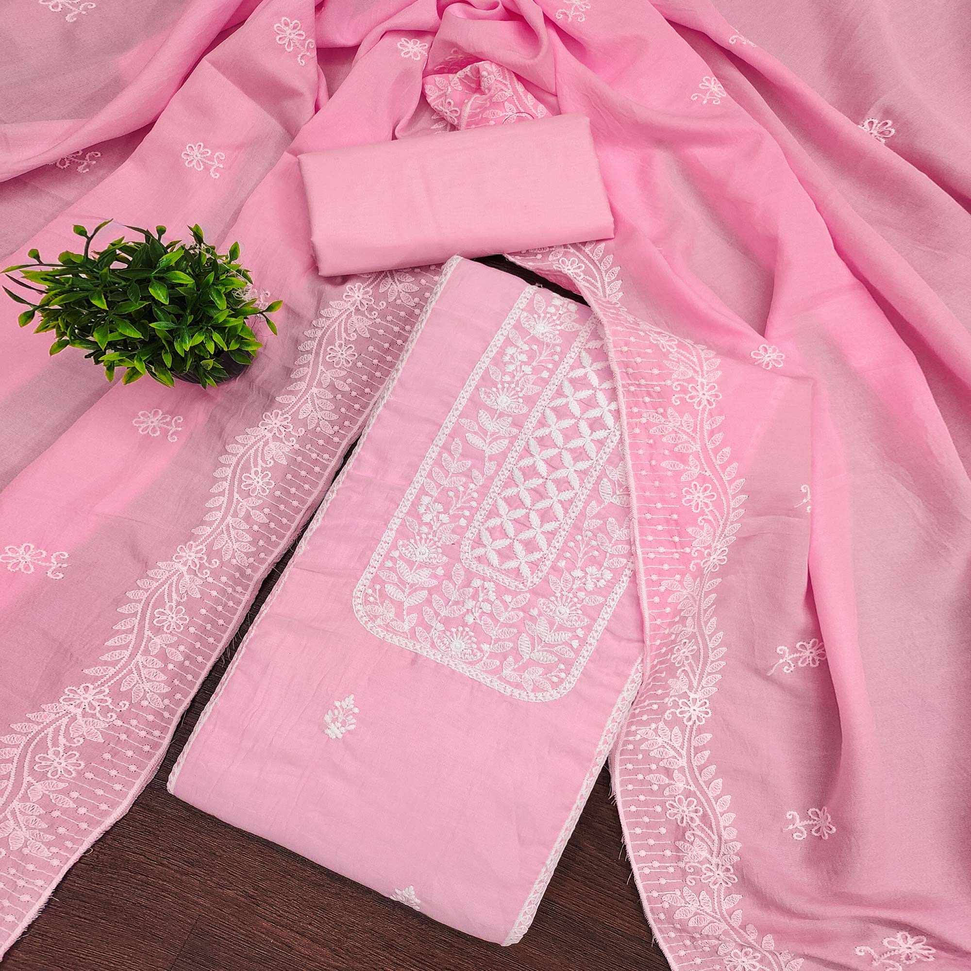 Light Pink Unstitched Suit Material in Luxurious Cotton Silk with Exquisite Floral Embroidery