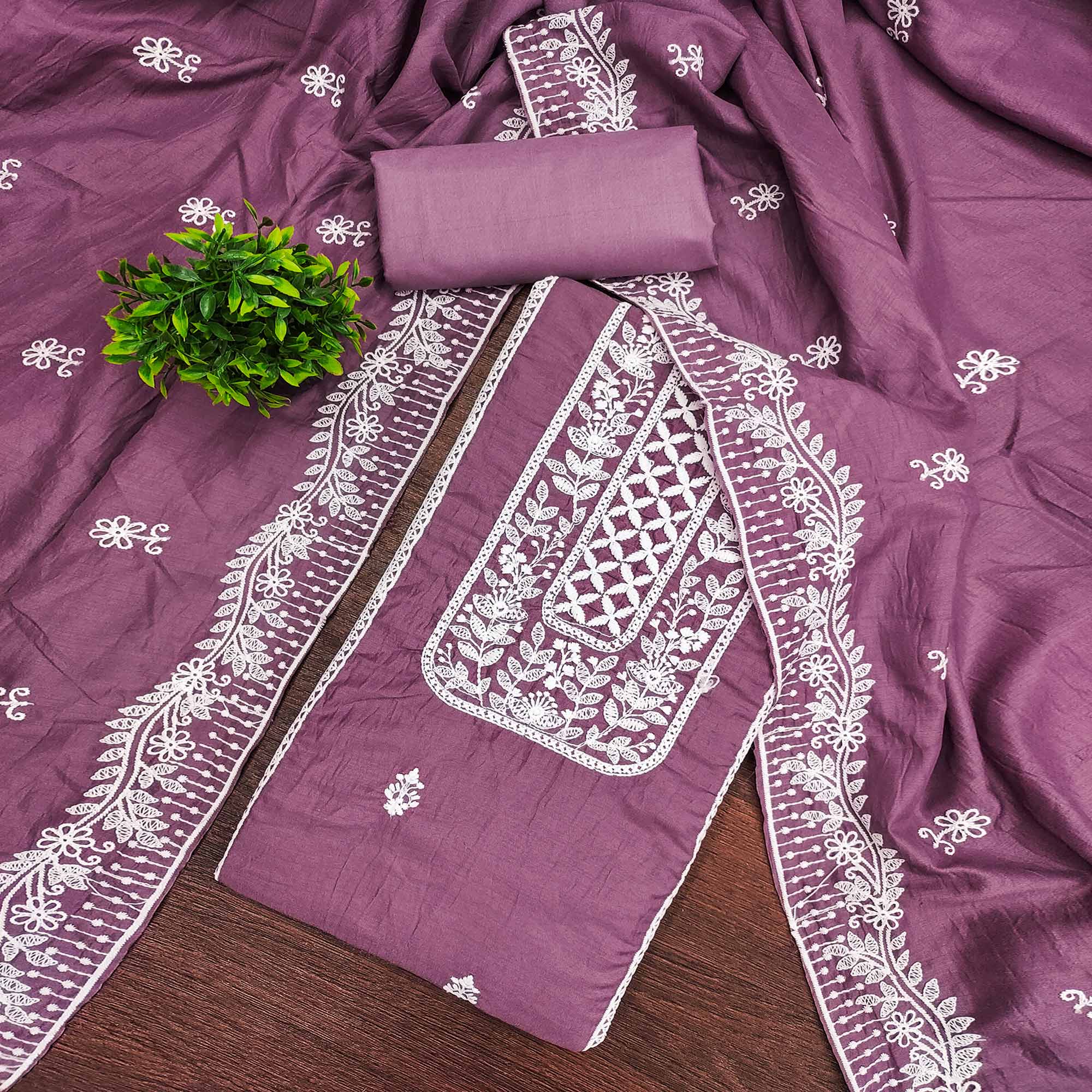 Mauve Unstitched Suit Material in Luxurious Cotton Silk with Exquisite Floral Embroidery