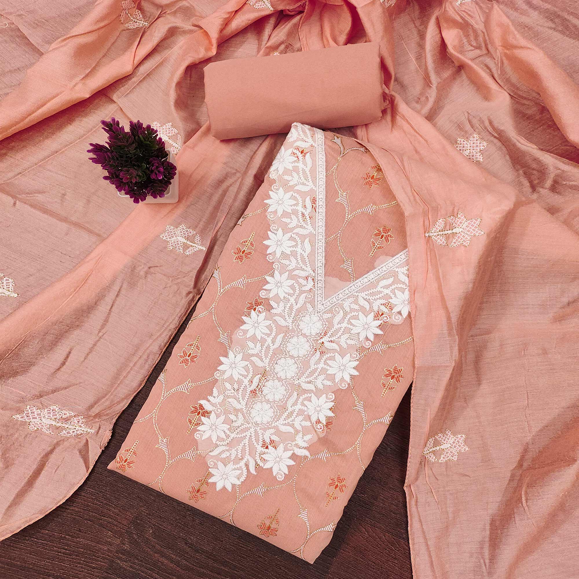 Feminine Peach Floral Thread Work Chanderi Silk Fabric for Traditional & Festive Outfits