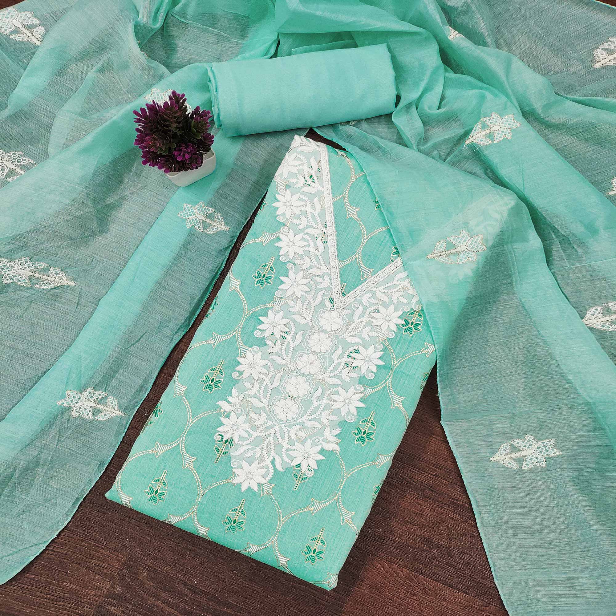 Feminine Turquoise Floral Thread Work Chanderi Silk Fabric for Traditional & Festive Outfits