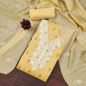 Feminine Yellow Floral Thread Work Chanderi Silk Fabric for Traditional & Festive Outfits