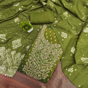 Green Embroidered Shimmer Fabric with Beautiful Zari Work for Unstitched Suits