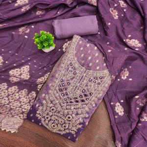 Lavender Embroidered Shimmer Fabric with Beautiful Zari Work for Unstitched Suits