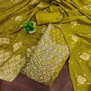 Olive Embroidered Shimmer Fabric with Beautiful Zari Work for Unstitched Suits