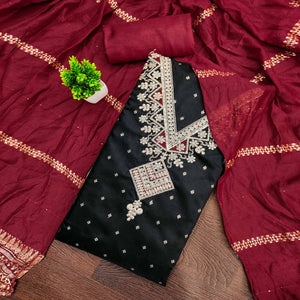 Festive Black Chanderi Silk Suit Material with Detailed Zari Weaving and Hand Embroidery