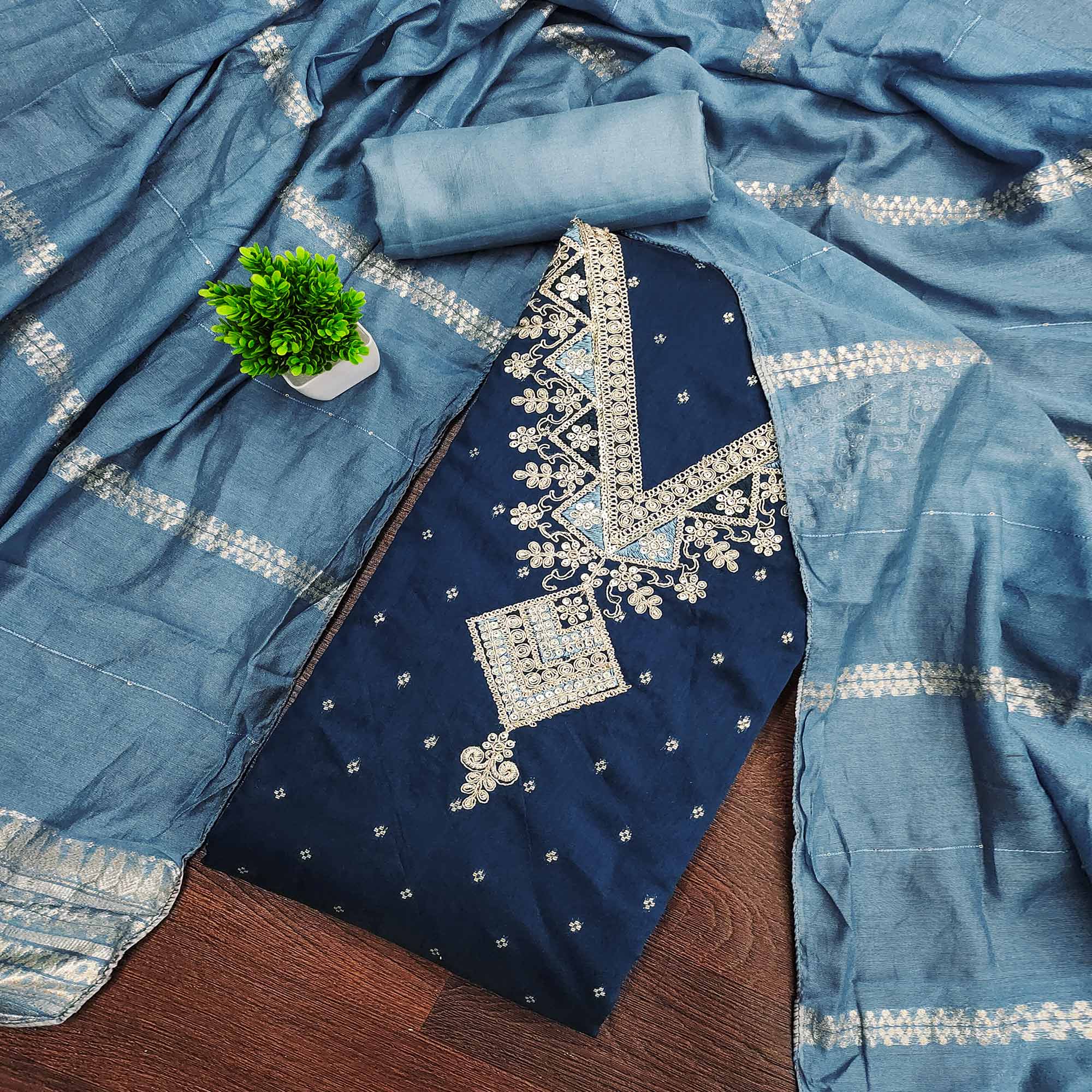 Festive Blue Chanderi Silk Suit Material with Detailed Zari Weaving and Hand Embroidery