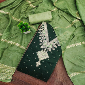 Festive Green Chanderi Silk Suit Material with Detailed Zari Weaving and Hand Embroidery