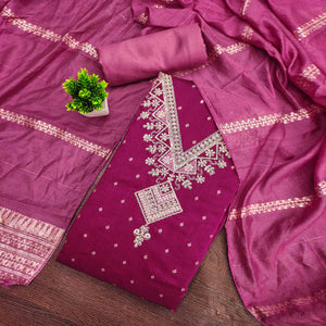 Festive Pink Chanderi Silk Suit Material with Detailed Zari Weaving and Hand Embroidery