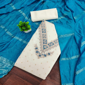 Off-White & Blue Chanderi Silk Unstitched Dress Material with Zari Weaving and Embroidery