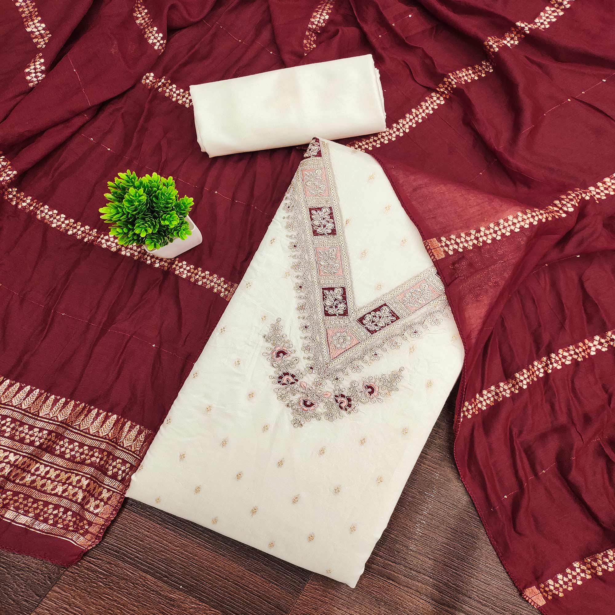 Off-White & Maroon Chanderi Silk Unstitched Dress Material with Zari Weaving and Embroidery