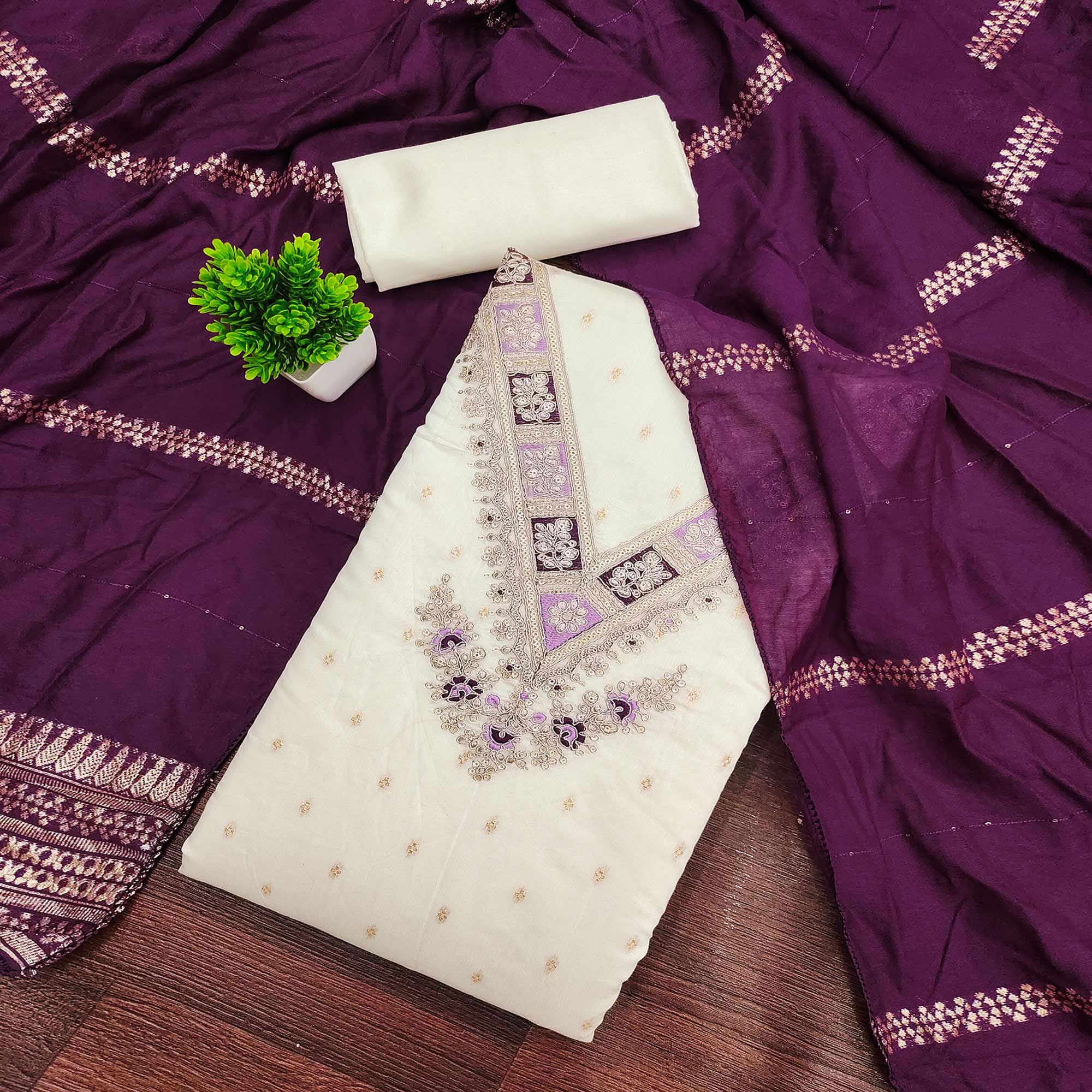 Off-White & Purple Chanderi Silk Unstitched Dress Material with Zari Weaving and Embroidery