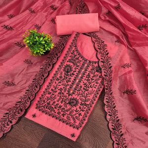 Gajari Pink Chanderi Cotton Dress Material Accented With Delicate Floral Thread Work