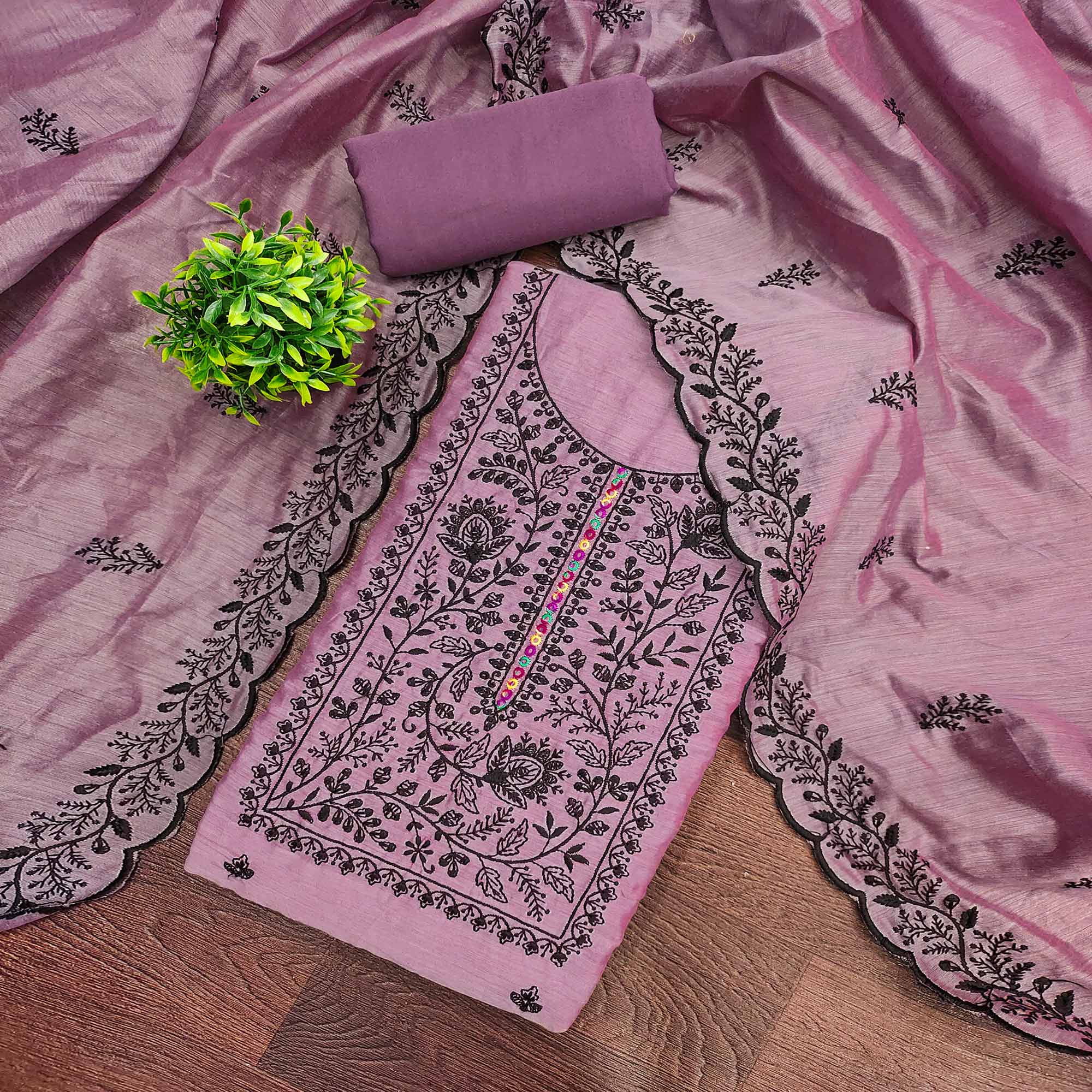 Lavender Chanderi Cotton Dress Material Accented With Delicate Floral Thread Work