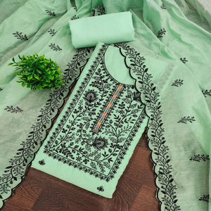 Sea Green Chanderi Cotton Dress Material Accented With Delicate Floral Thread Work
