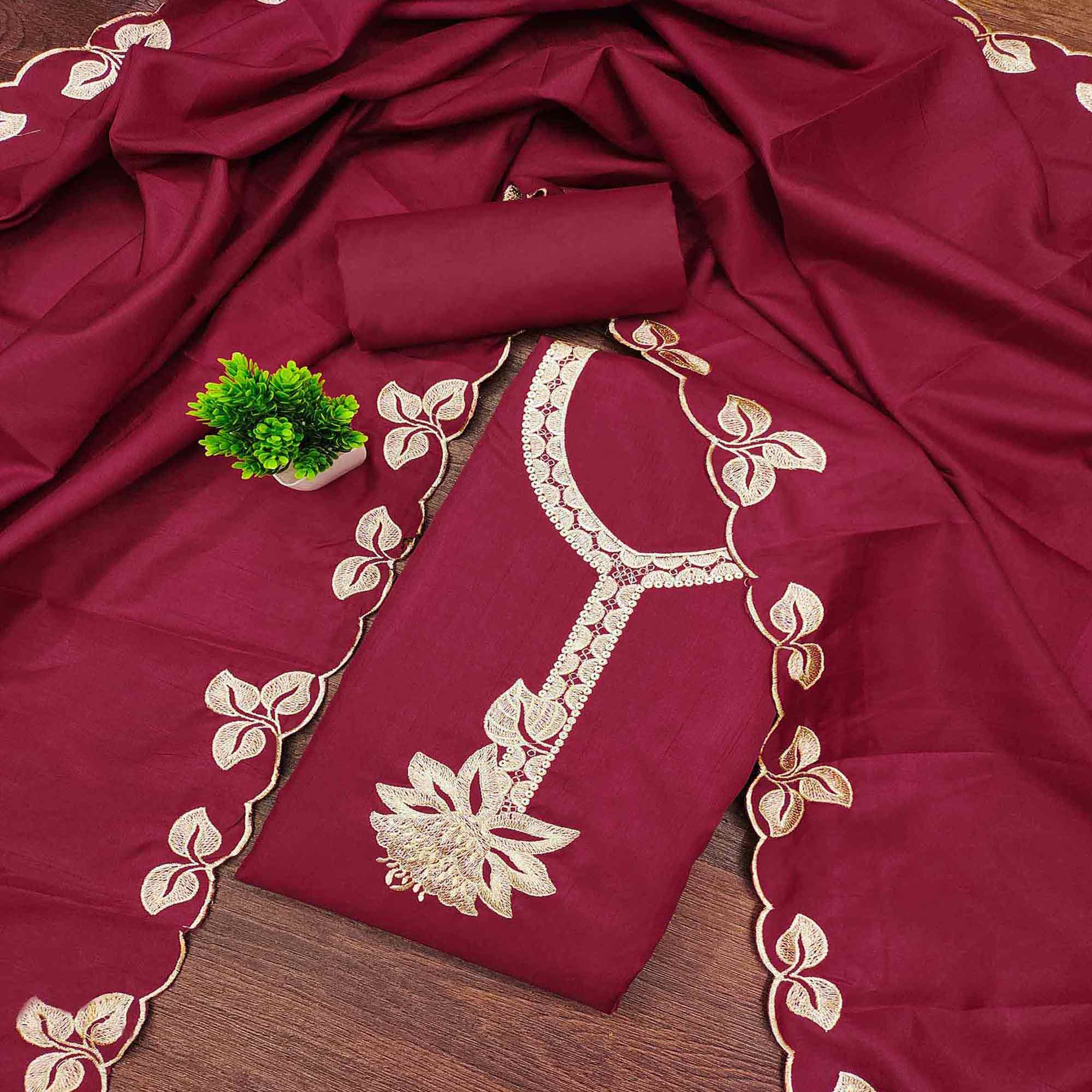 Classic Maroon Heavy Embroidered Cotton Blend Dress Material With Floral Thread Detailing