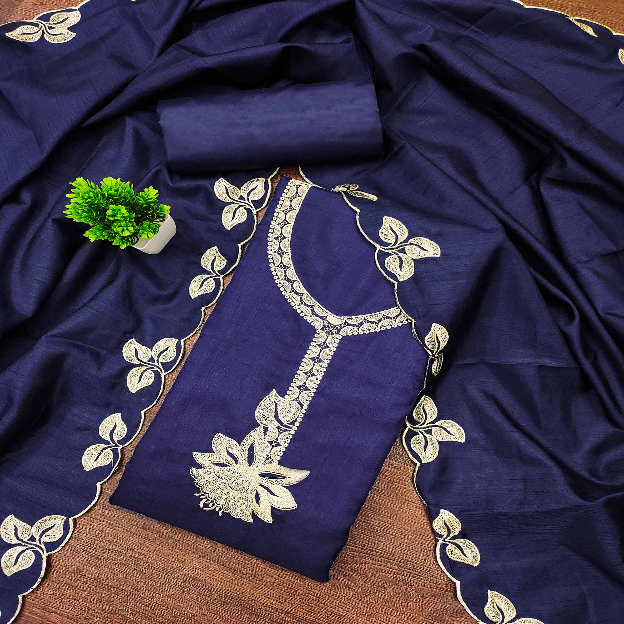 Classic Navy Blue Heavy Embroidered Cotton Blend Dress Material With Floral Thread Detailing