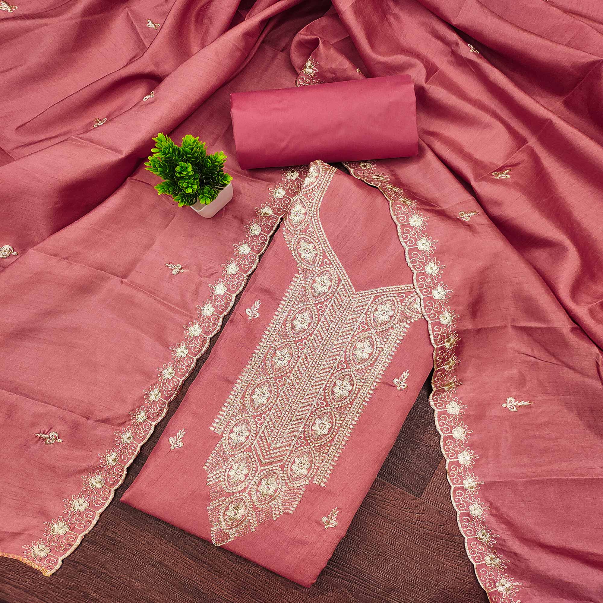 Pink Dress Material In Cotton Blend Featuring Exquisite Floral Embroidery