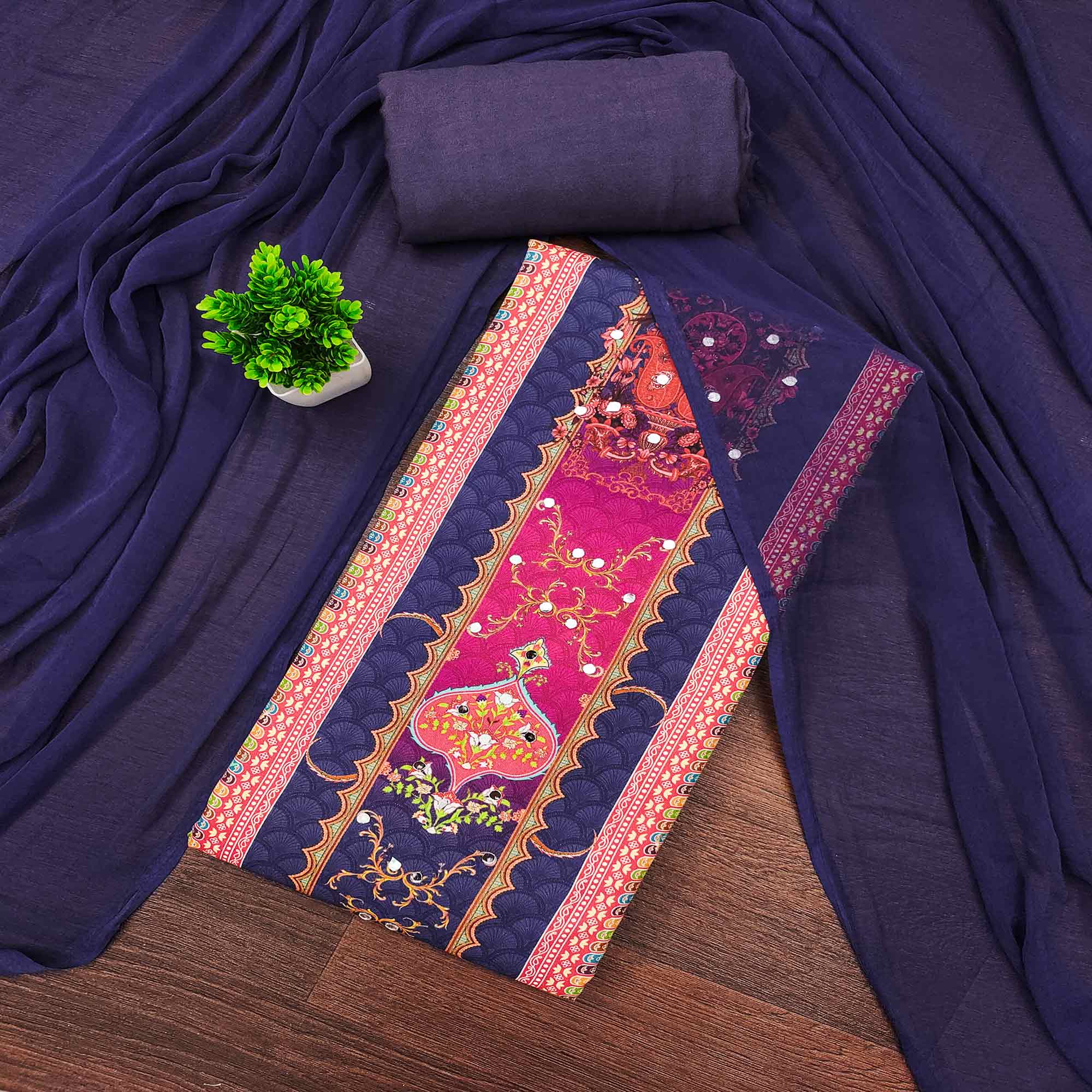 Stylish Blue Floral Digital Printed Rayon Dress Material Adorned With Mirror Embellishments