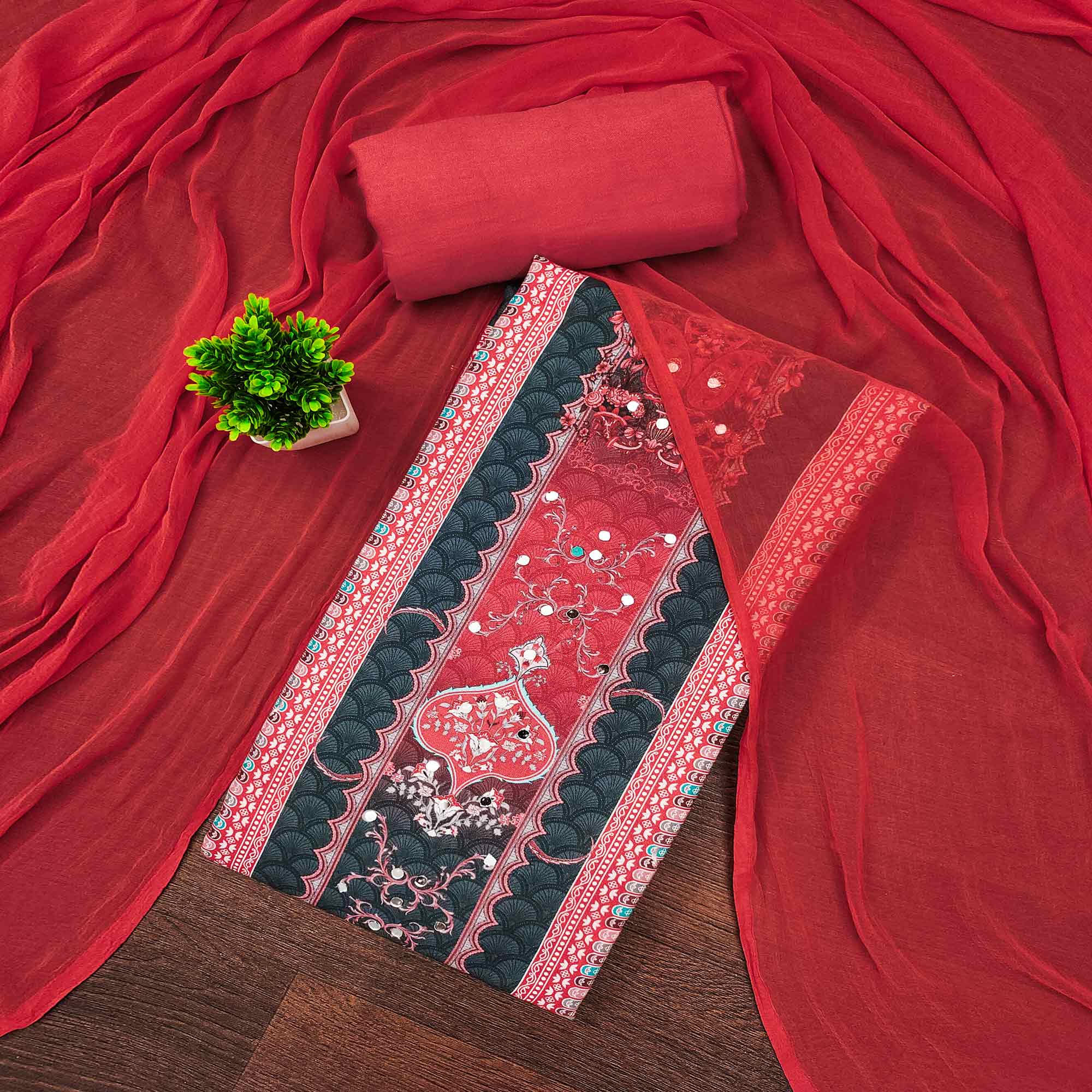 Stylish Teal Floral Digital Printed Rayon Dress Material Adorned With Mirror Embellishments