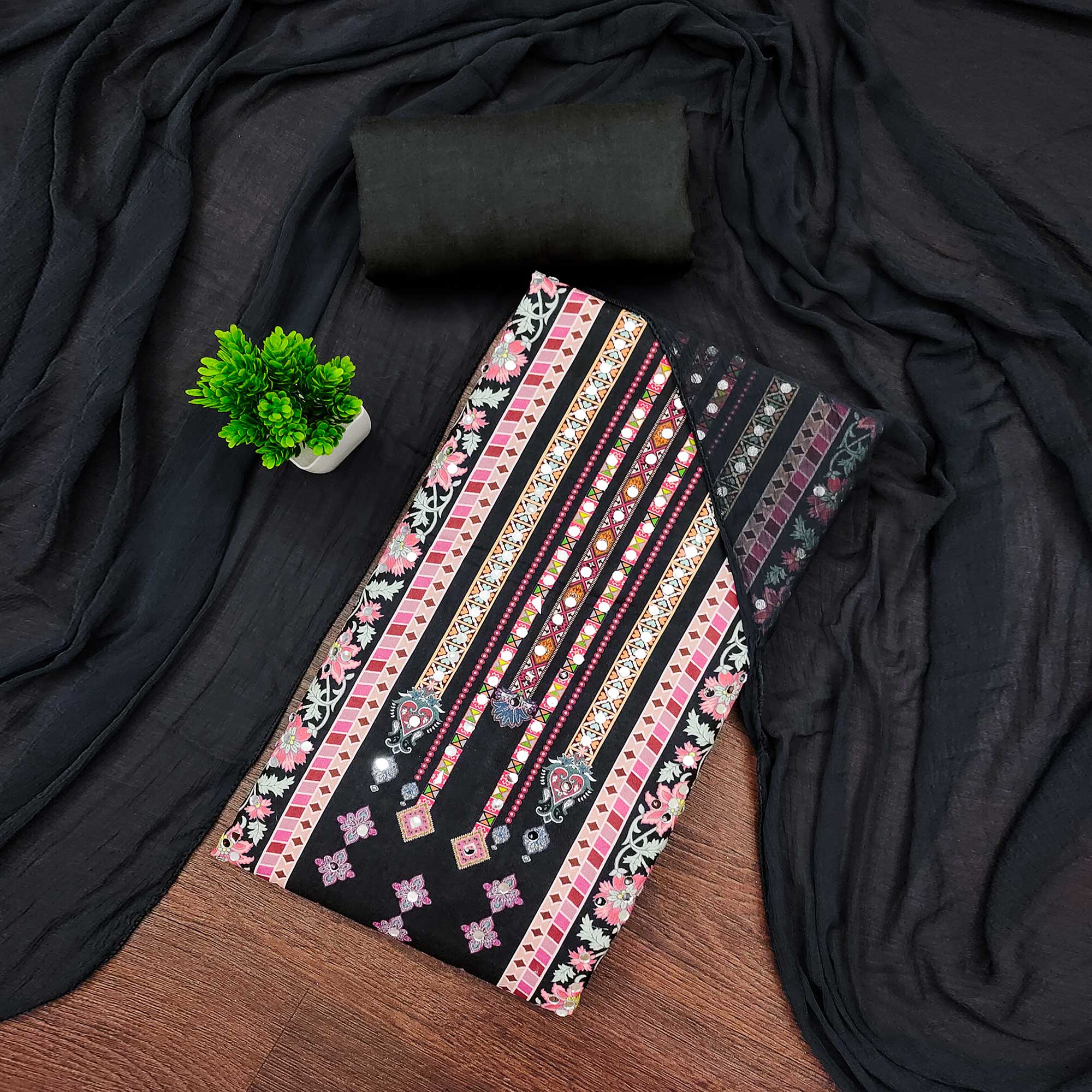 Black Paisley & Floral Digital Printed Rayon Dress Material With Intricate Mirror Work