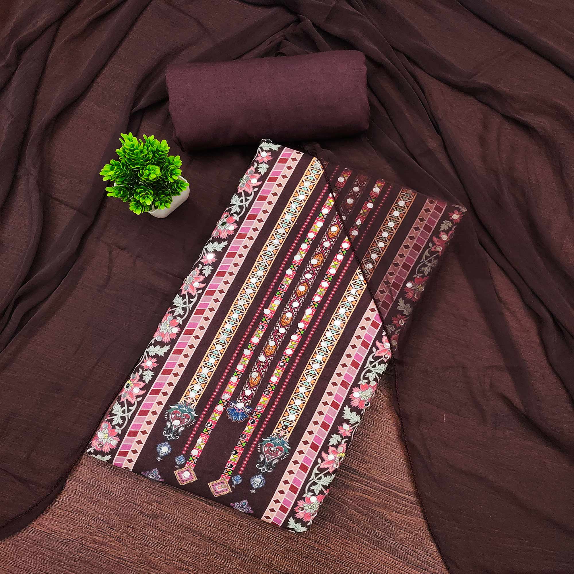 Dark Brown Paisley & Floral Digital Printed Rayon Dress Material With Intricate Mirror Work