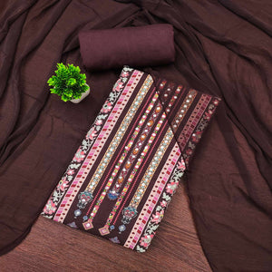 Dark Brown Paisley & Floral Digital Printed Rayon Dress Material With Intricate Mirror Work