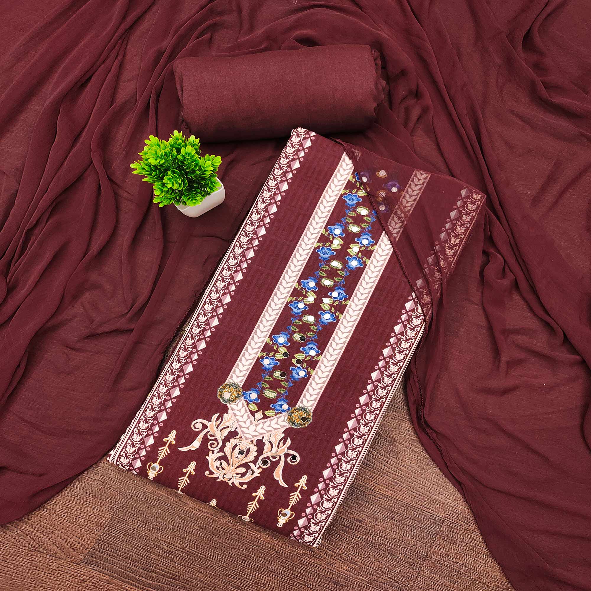 Dark Maroon Floral Digital Printed Rayon Dress Material Highlighted With Mirror Work