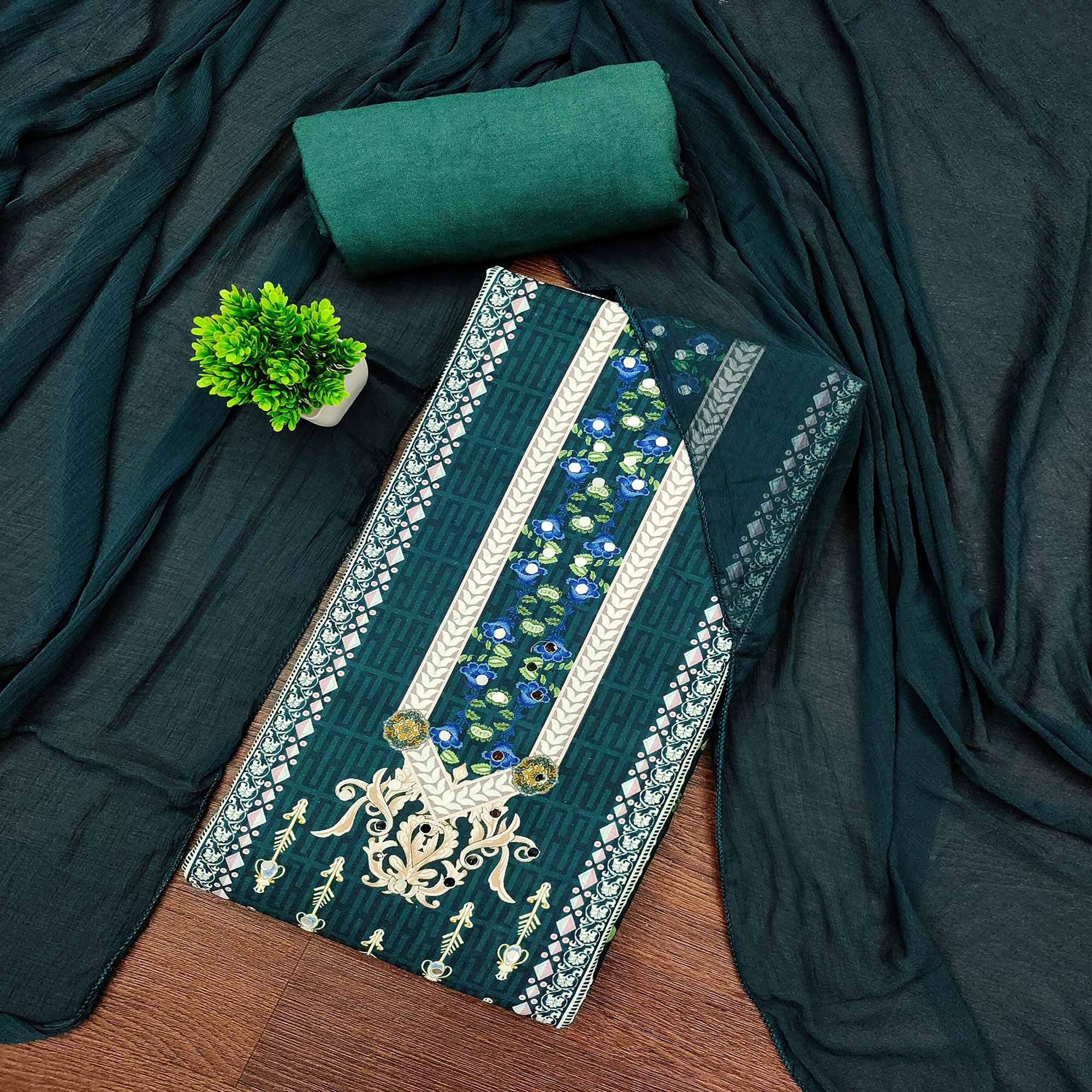 Green Floral Digital Printed Rayon Dress Material Highlighted With Mirror Work