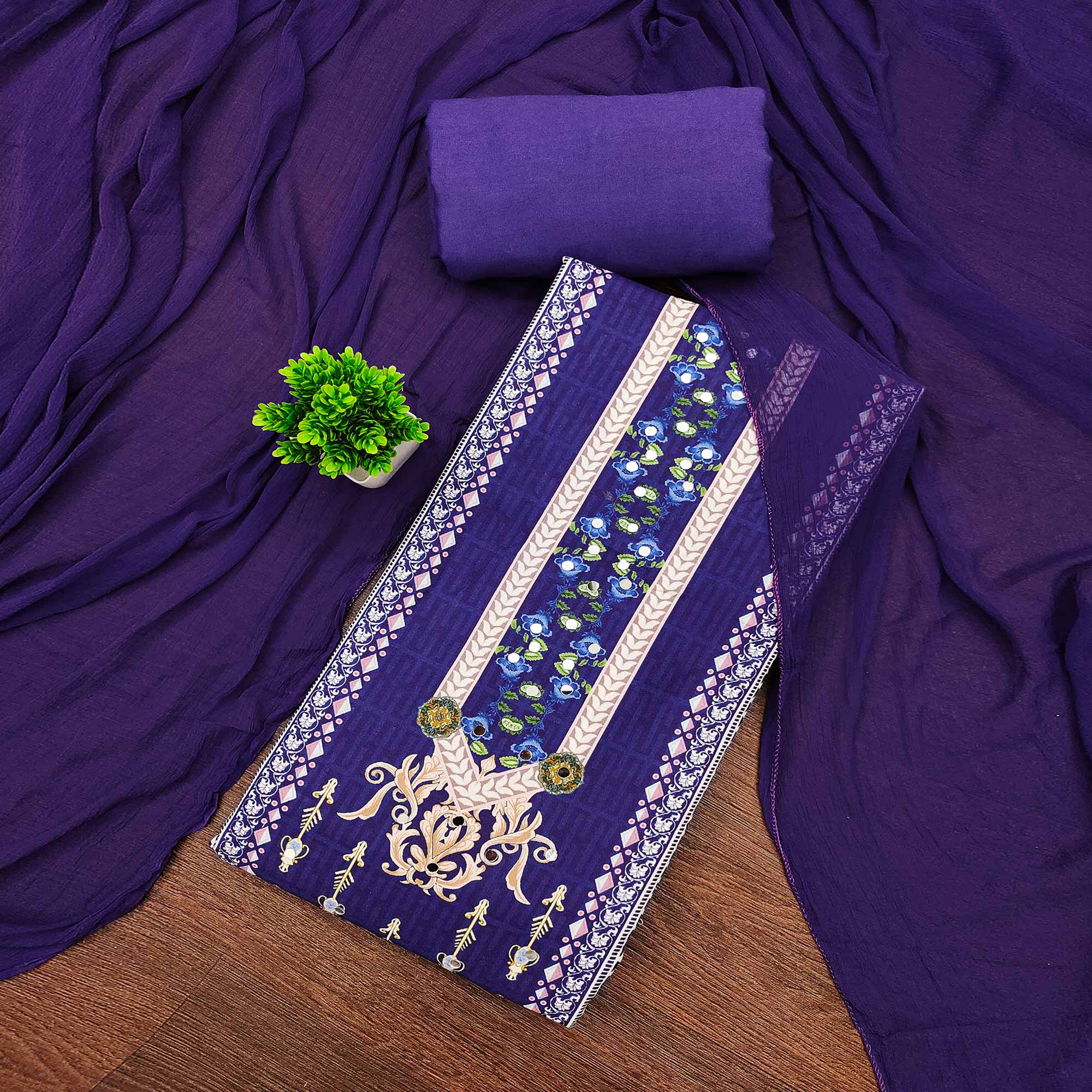 Royal Purple Floral Digital Printed Rayon Dress Material Highlighted With Mirror Work