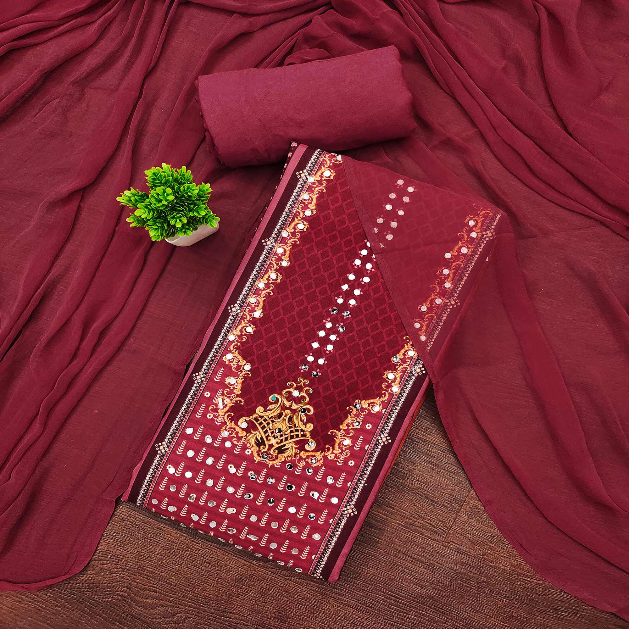 Maroon Rayon Dress Material With Floral Digital Print & Sparkling Mirror Accents