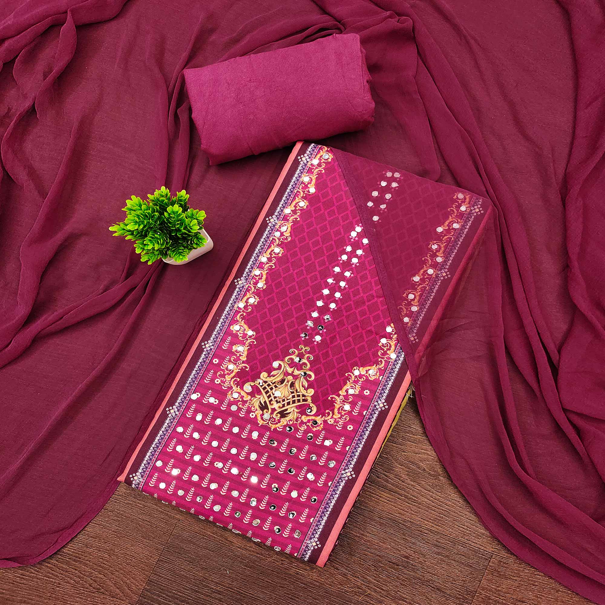 Pink Rayon Dress Material With Floral Digital Print & Sparkling Mirror Accents