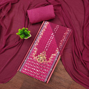 Pink Rayon Dress Material With Floral Digital Print & Sparkling Mirror Accents