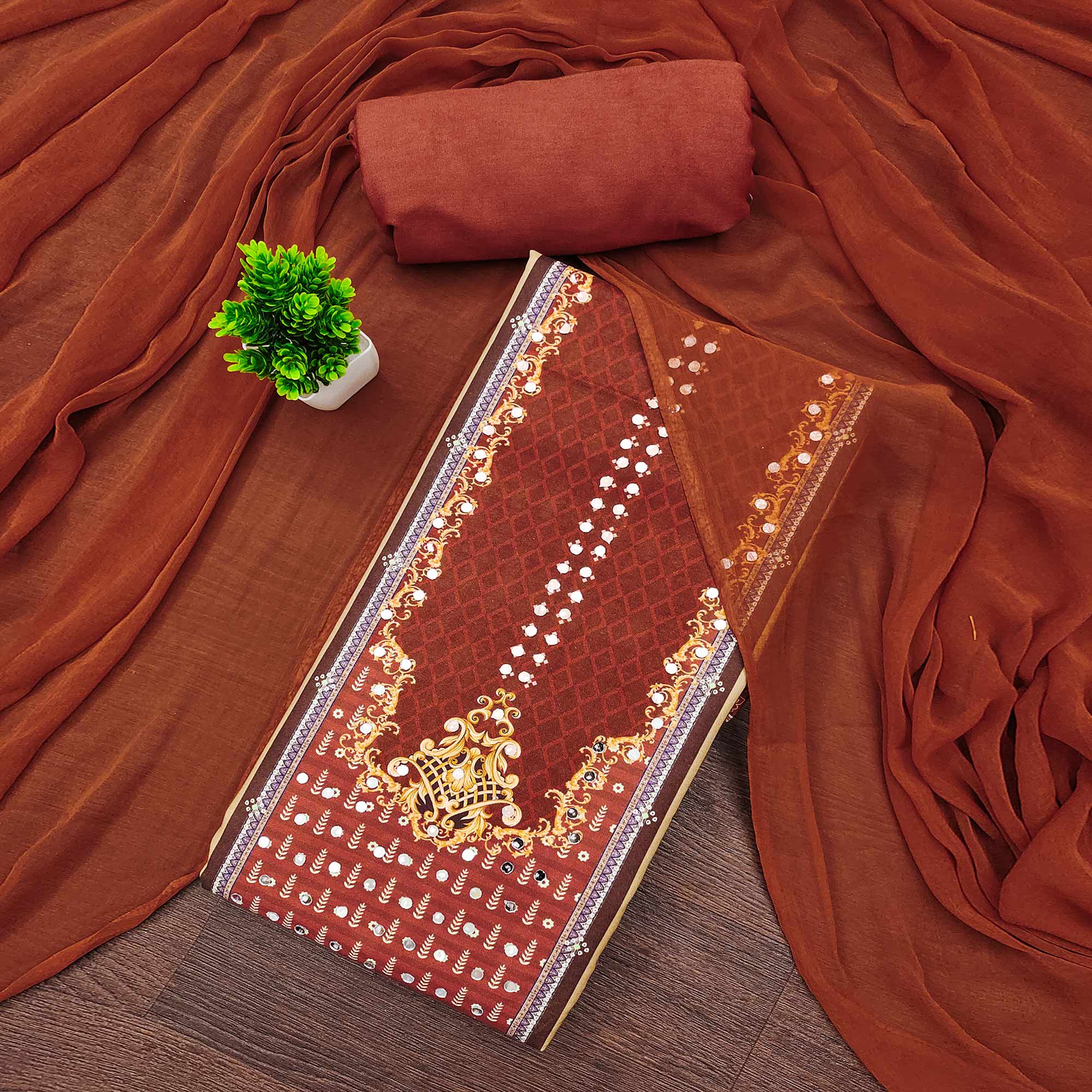 Rust Rayon Dress Material With Floral Digital Print & Sparkling Mirror Accents