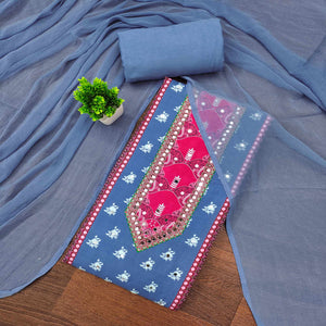 Blue Floral Digital Printed Rayon Dress Material Enhanced With Mirror Work