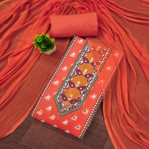 Orange Floral Digital Printed Rayon Dress Material Enhanced With Mirror Work