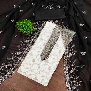 White & Black Georgette Dress Material Showcasing Elegant Floral Thread Embroidery Work