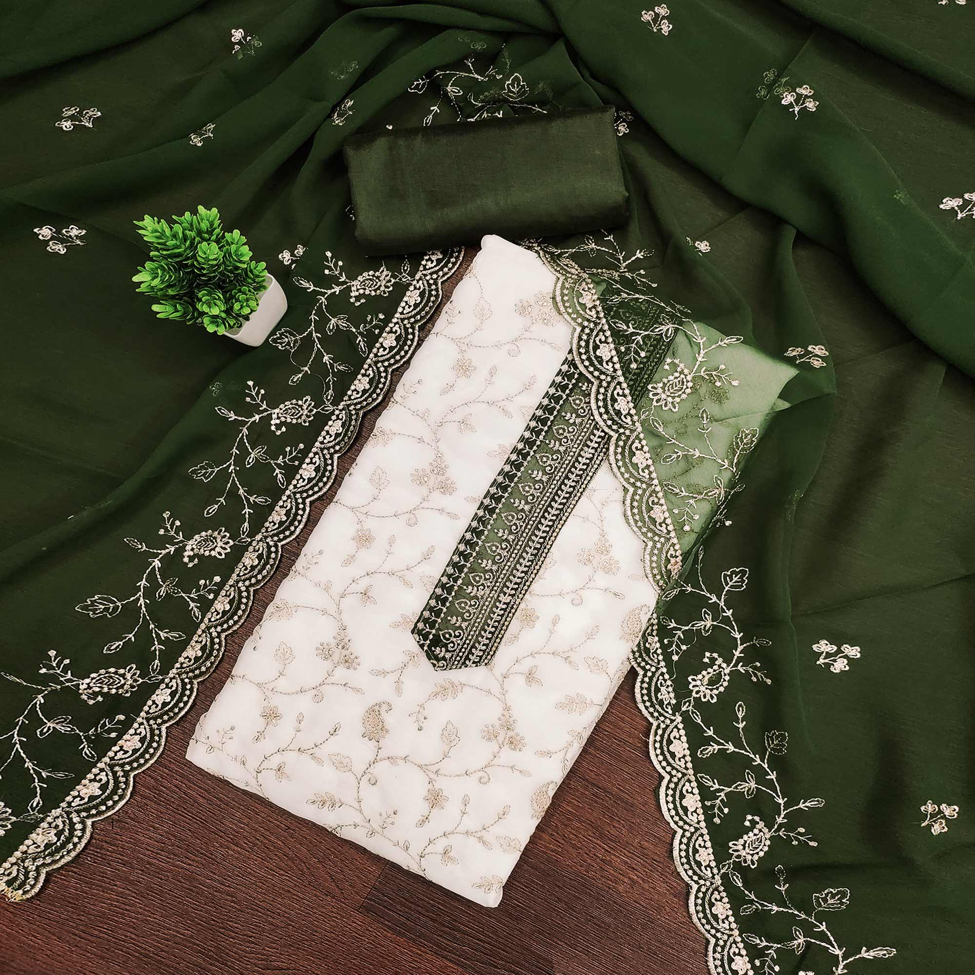 White & Green Georgette Dress Material Showcasing Elegant Floral Thread Embroidery Work