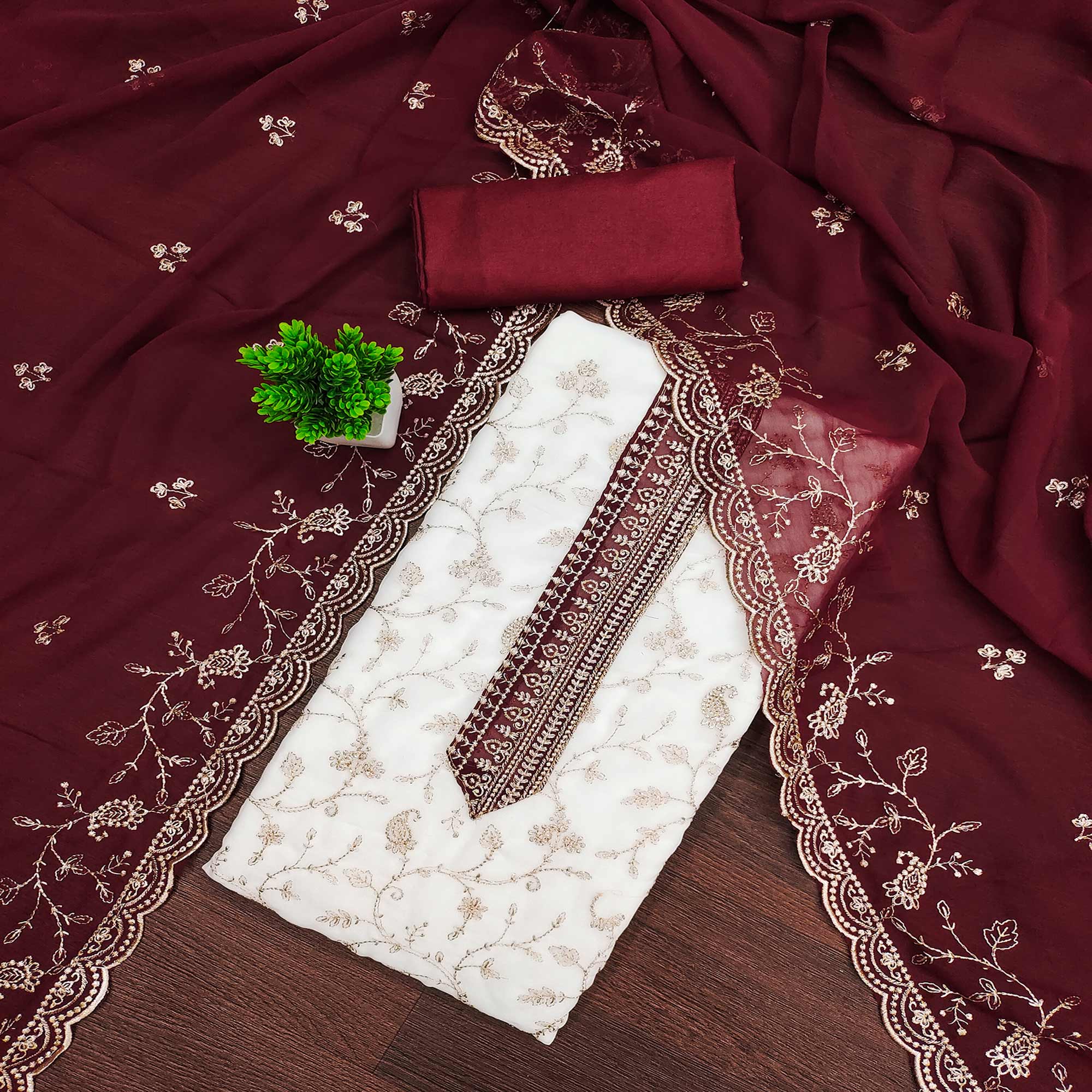 White & Maroon Georgette Dress Material Showcasing Elegant Floral Thread Embroidery Work