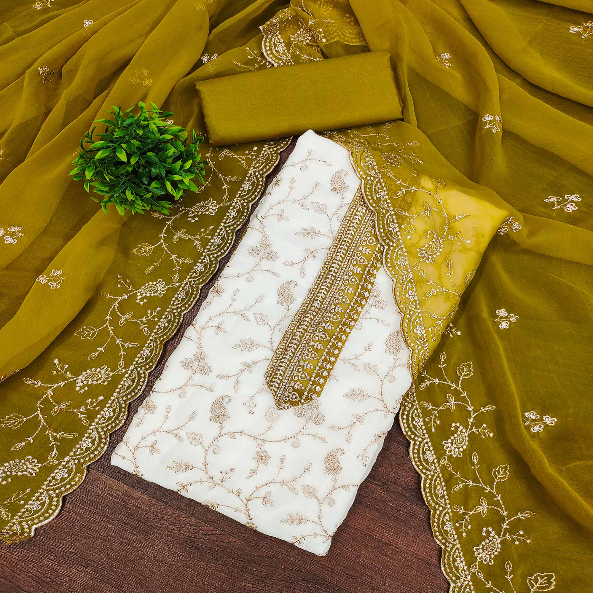 White & Mustard Georgette Dress Material Showcasing Elegant Floral Thread Embroidery Work