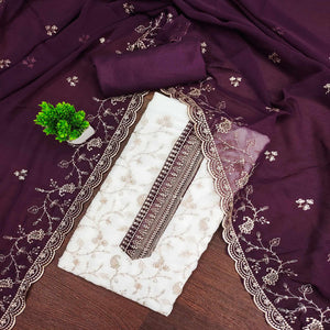 White & Wine Georgette Dress Material Showcasing Elegant Floral Thread Embroidery Work