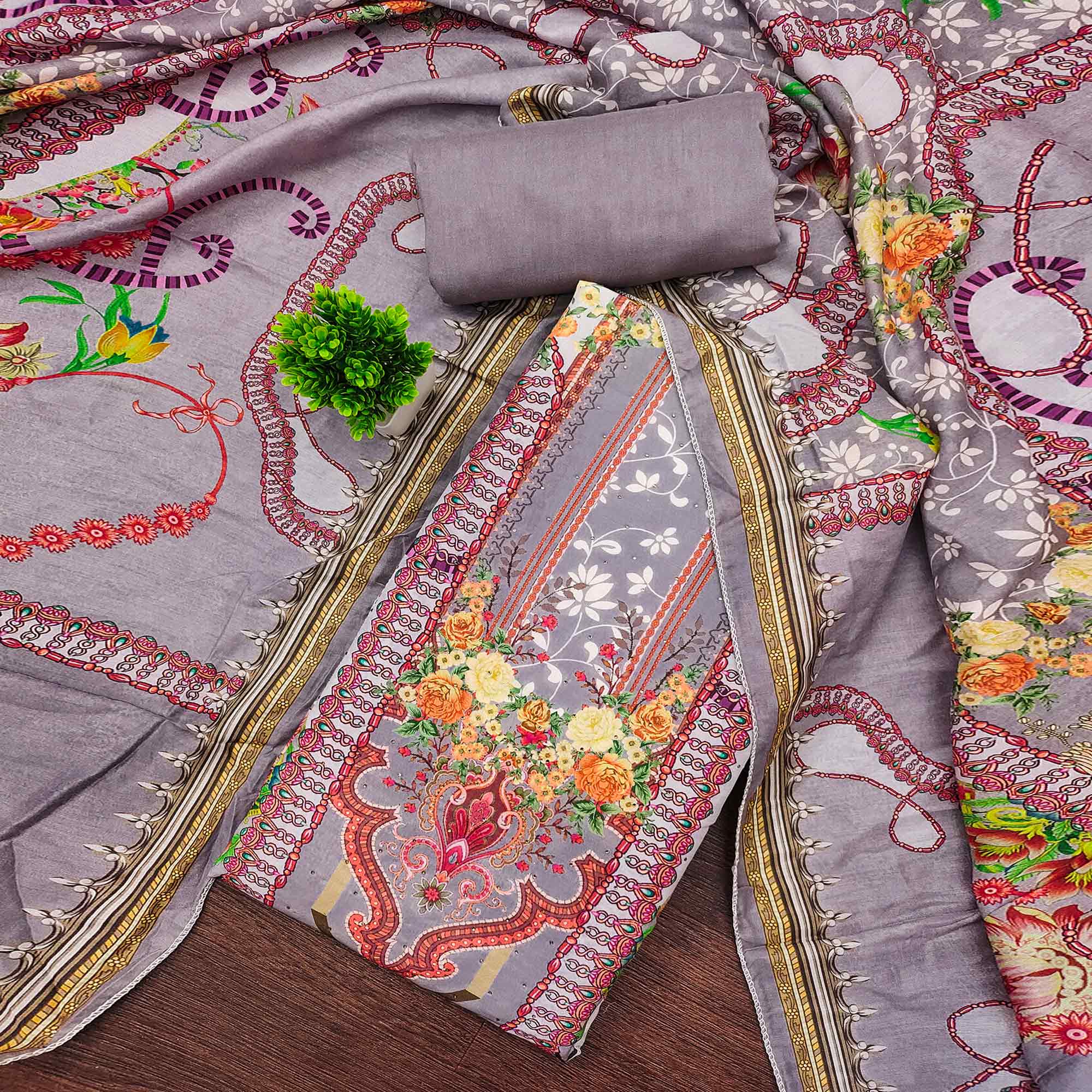 Grey Muslin Dress Material Featuring Elegant Floral Digital Print Adorned With Swarovski Work