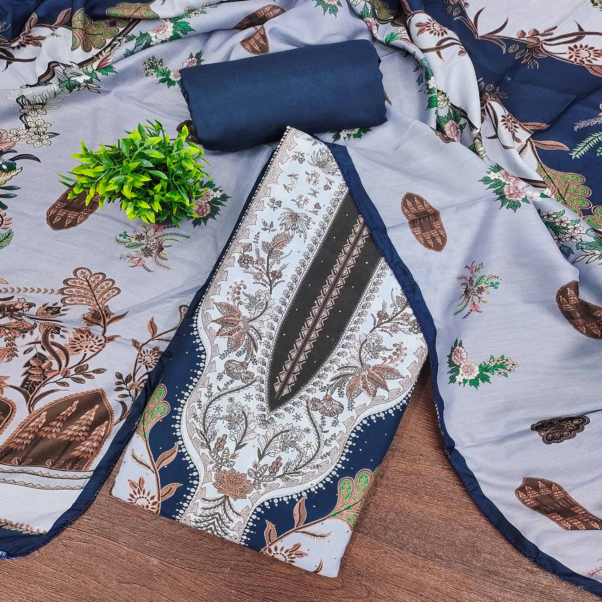 Grey Floral Digital Printed Muslin Dress Material Enhanced With Shimmering Swarovski Work