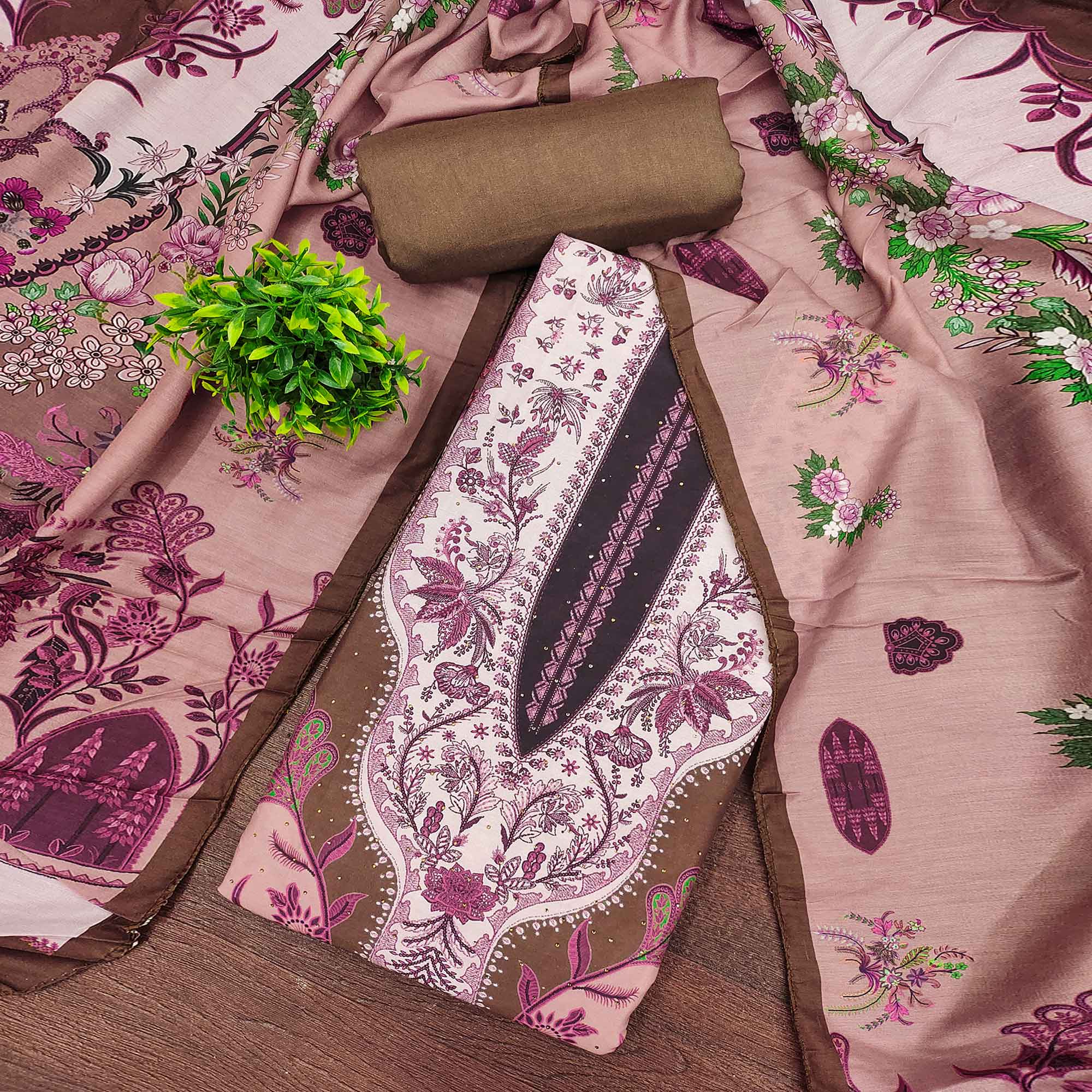 Peach Floral Digital Printed Muslin Dress Material Enhanced With Shimmering Swarovski Work