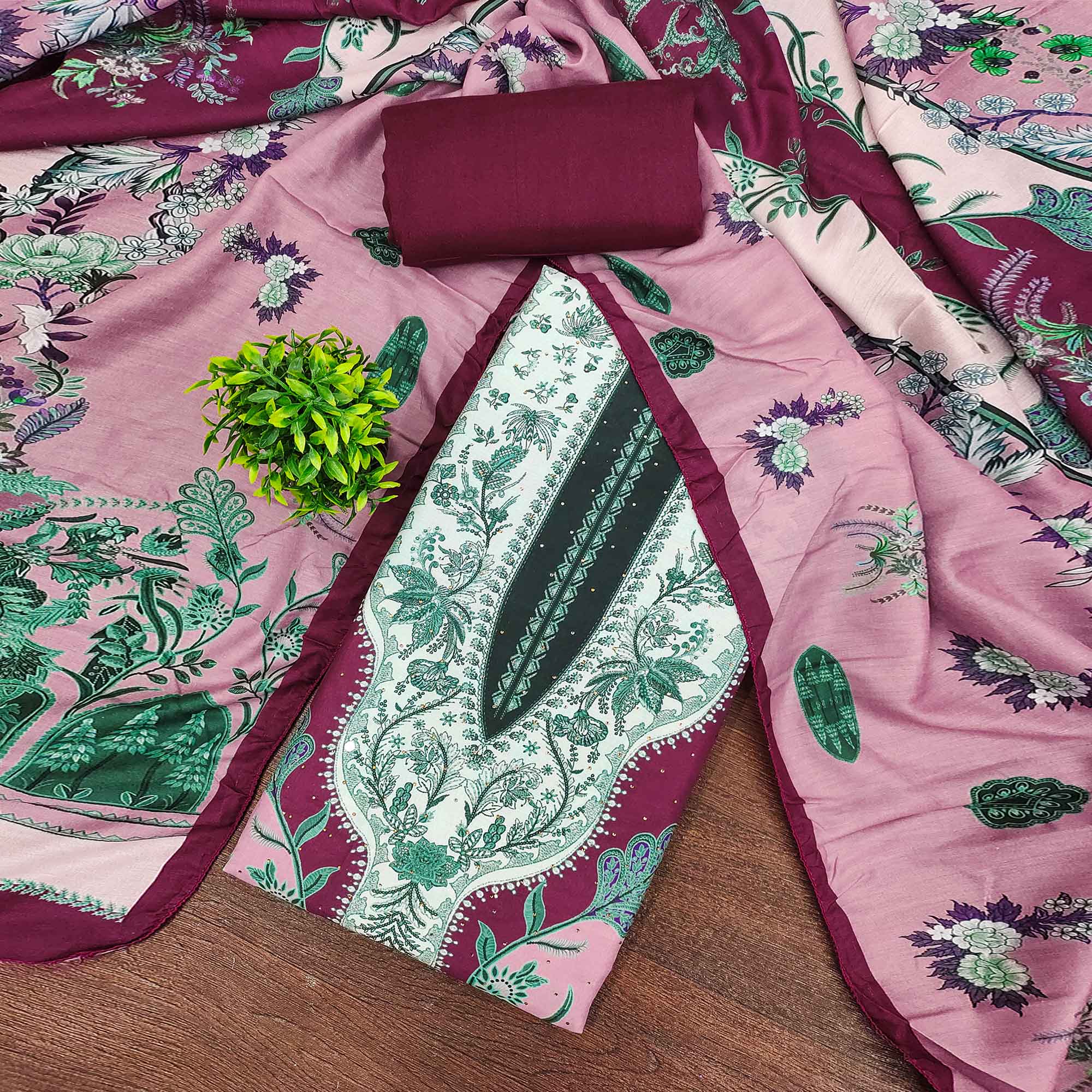 Pink Floral Digital Printed Muslin Dress Material Enhanced With Shimmering Swarovski Work